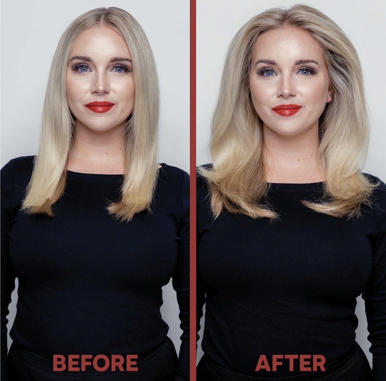 Front-facing before-and-after editorial for Colorproof's Volume Blow Dry Spray