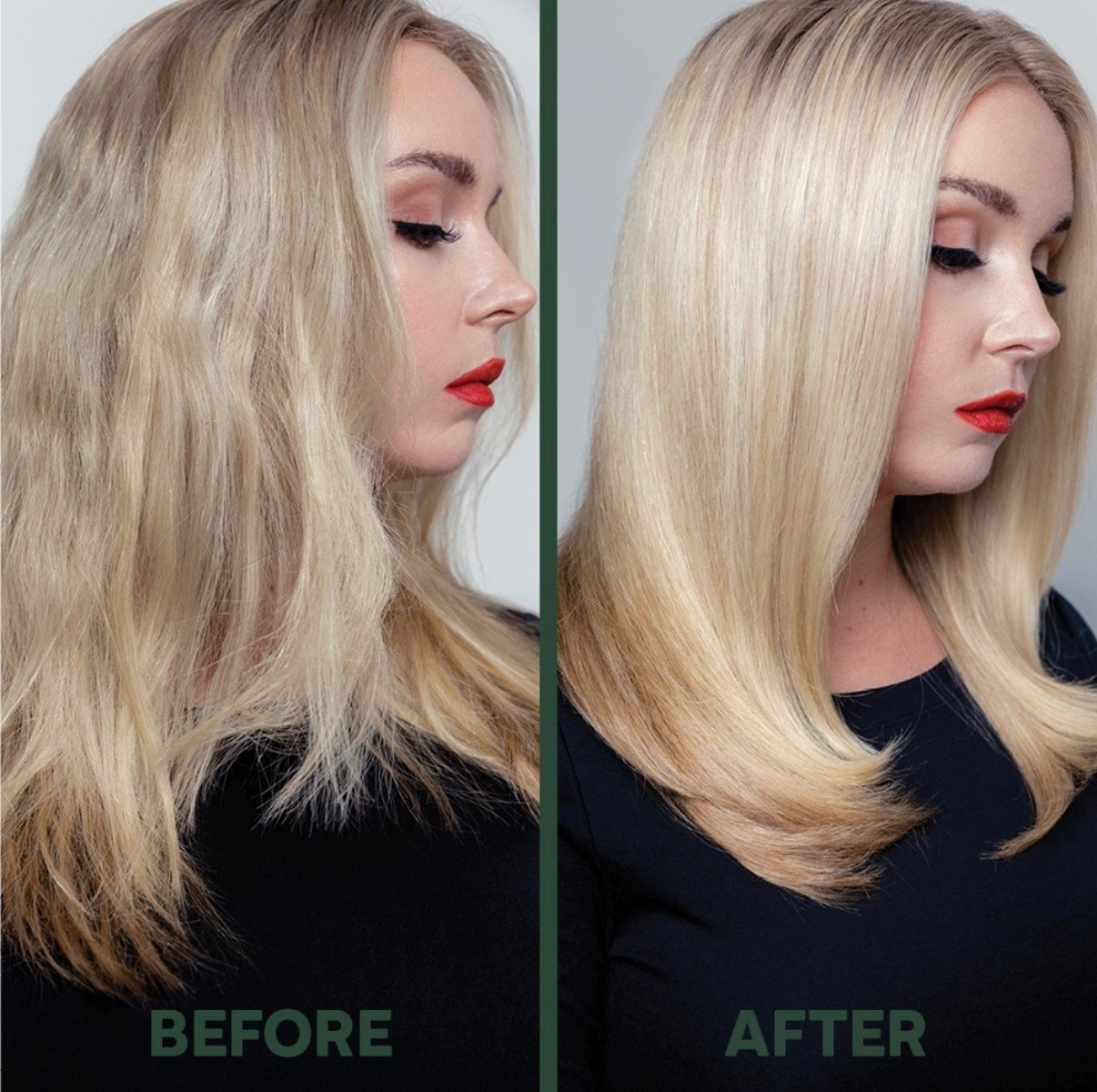 Side-profile before-and-after editorial for Colorproof haircare