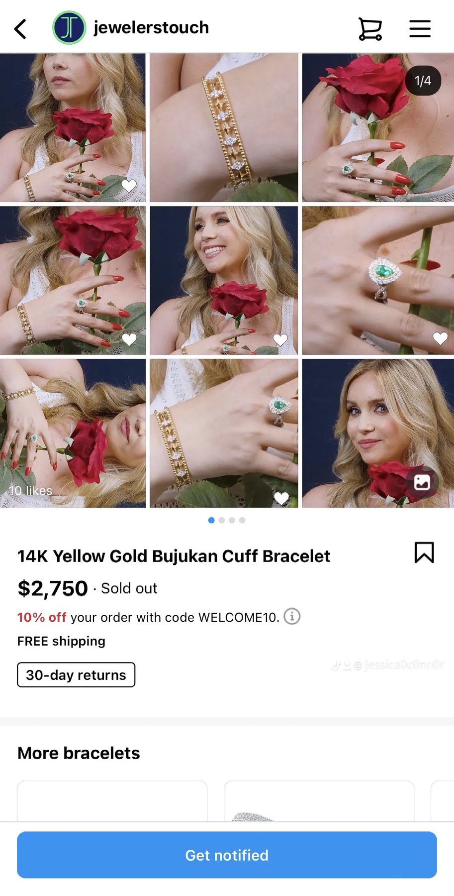 Featured on the Jeweler's Touch shop page — modeling the 14K Yellow Gold Bujukan Cuff Bracelet collection