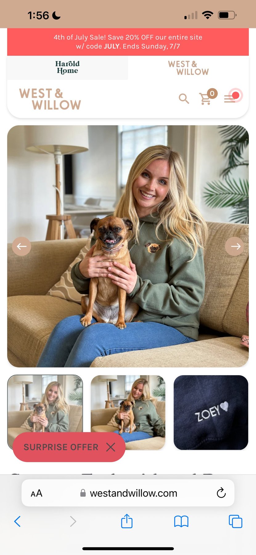 Featured on westandwillow.com — olive green hoodie embroidered with Keke's portrait, Jessica holding Keke up to camera