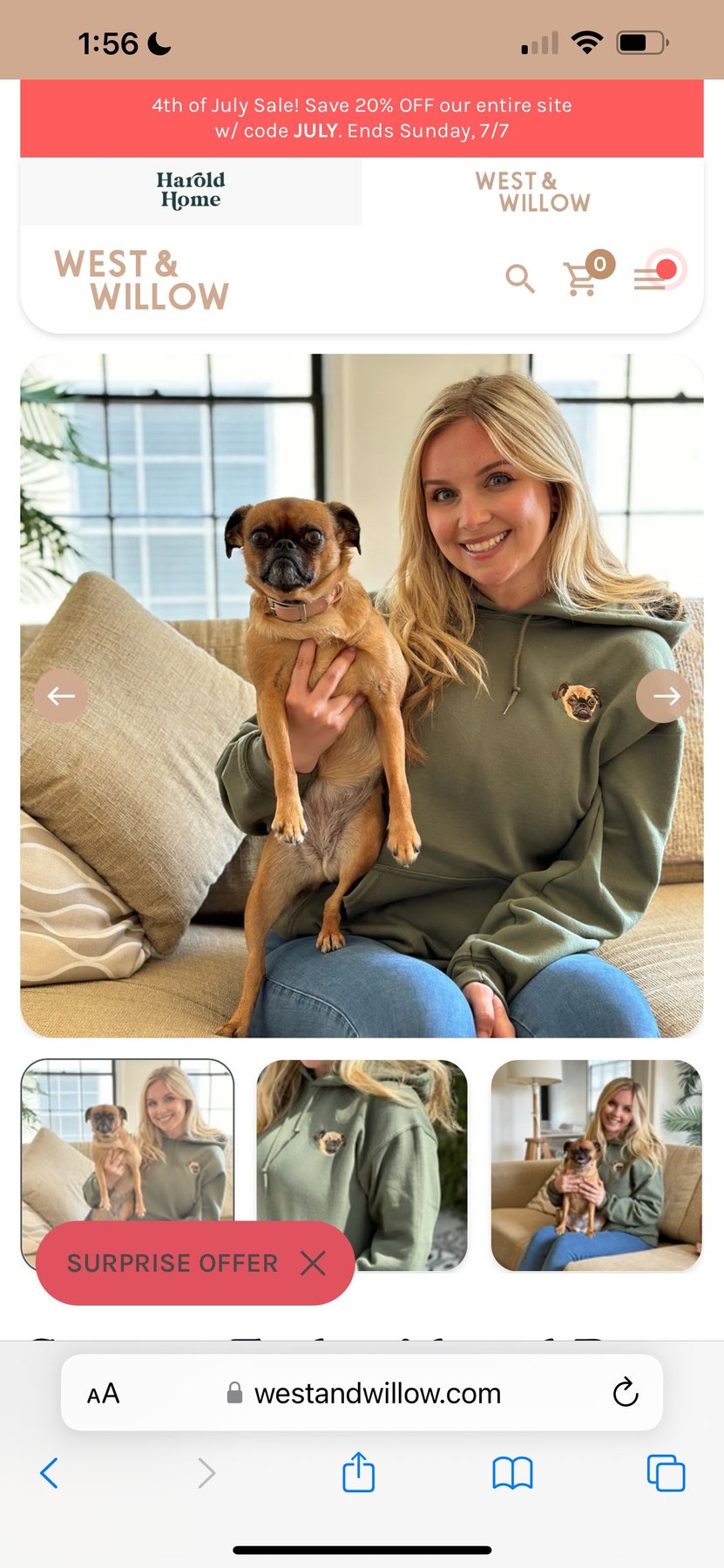 Featured on westandwillow.com — olive green hoodie embroidered with Keke's portrait, Keke standing on Jessica's lap
